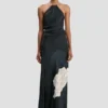 Chain halter gown in dark navy floral print Chain halter gown in dark navy floral print