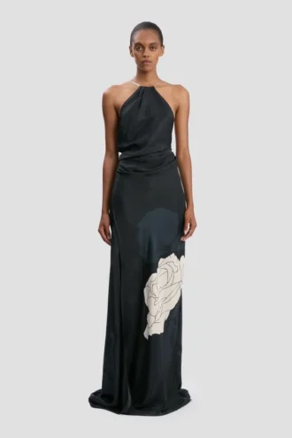 Chain halter gown in dark navy floral print