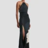 Chain halter gown in dark navy floral print Chain halter gown in dark navy floral print