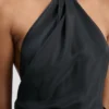 Chain halter gown in dark navy floral print Chain halter gown in dark navy floral print