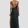 Chain halter gown in dark navy floral print Chain halter gown in dark navy floral print