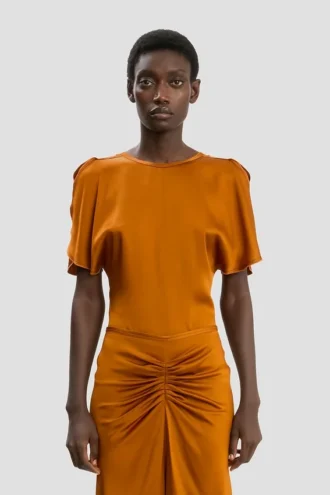 Draped sleeve top in bronze