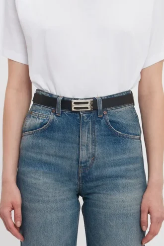Silver buckle dorian belt in black grained leather