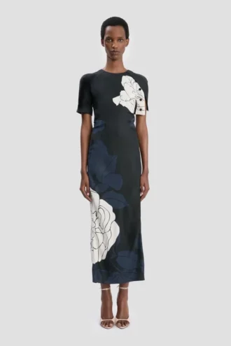 Split hem midi dress in dark navy floral print
