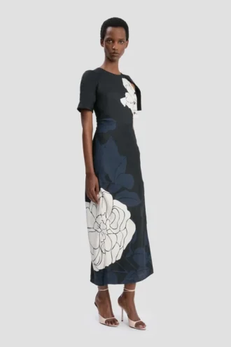 Split hem midi dress in dark navy floral print